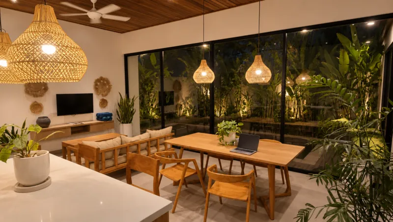 Villa La Bumbak 03, Umalas — dining, timber table under rattan pendants, living room behind, glass doors onto the lit pool garden at night