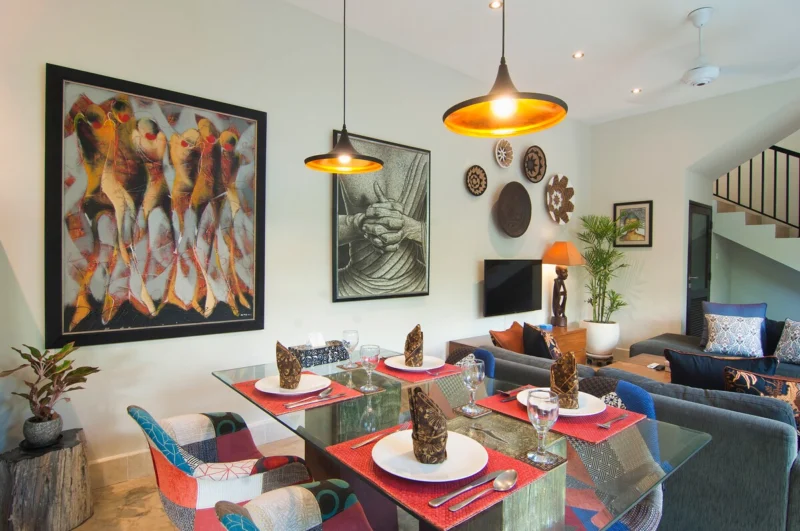 dining area with space for four people with pool view