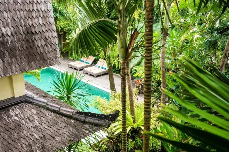 Refreshing pool in tropical greenery - view from the bedroom upstairs