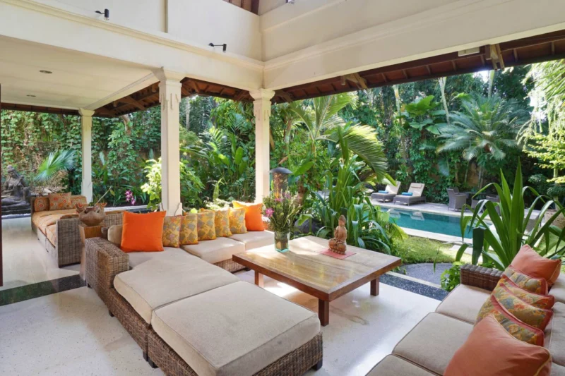 Covered garden lounge with daybeds.