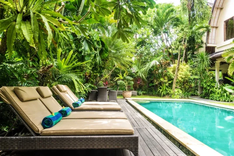 Sun loungers by the pool surrounded by lush garden.