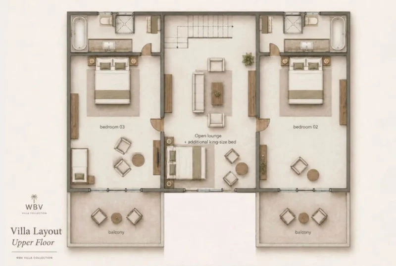 Floorplan first floor with lounge area, two spacious bedrooms, and balconies