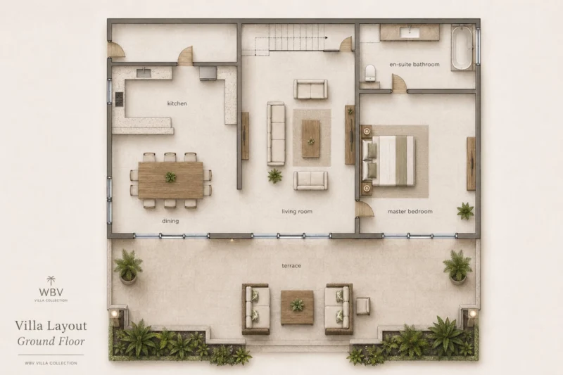 Floorplan Ground floor of Villa Bali Maja with living room, master bedroom, kitchen and dining area