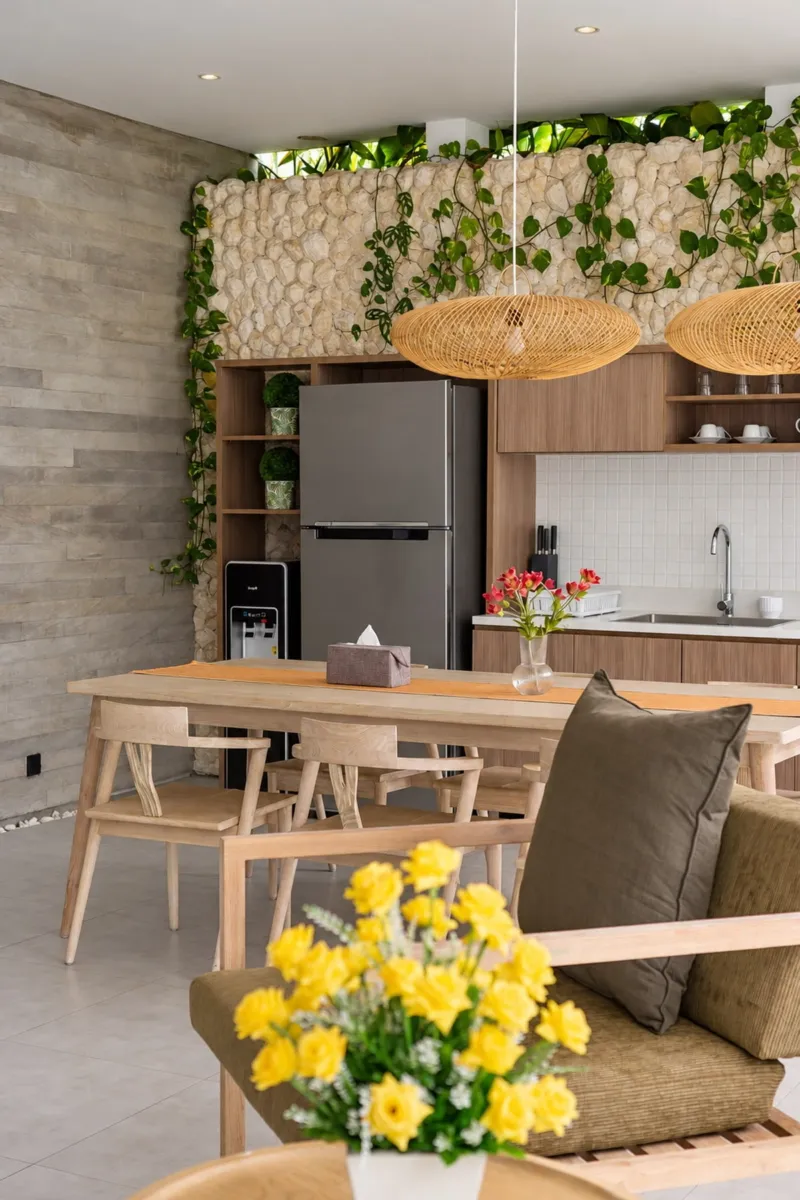 Villa Swan 01 — kitchen, corner with fridge and dining chairs beside a vase of yellow flowers