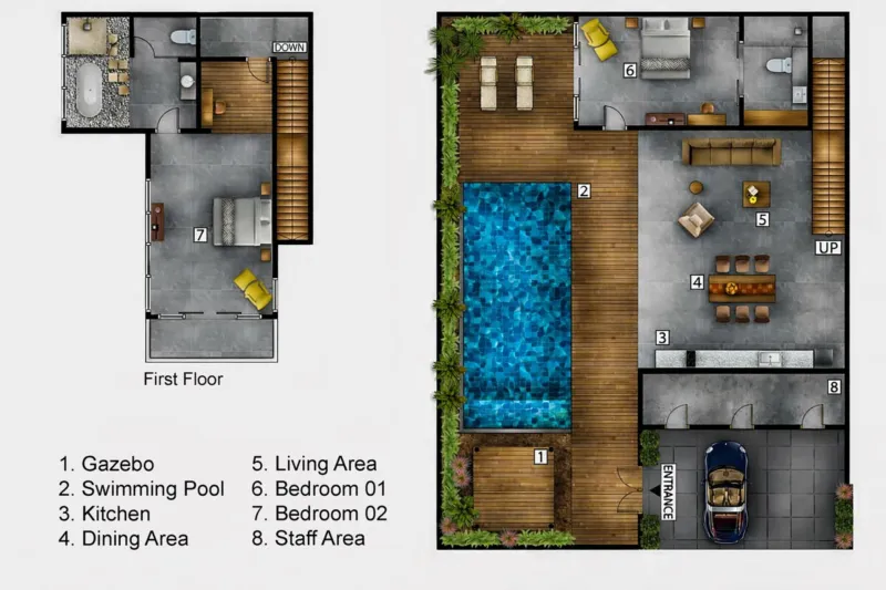 Villa Swan 01 — floor plan, gazebo, swimming pool, kitchen, dining and living areas, both bedrooms and the staff area