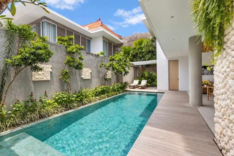 Villa Swan 01 — pool, running beside a planted wall with sun loungers on the timber deck